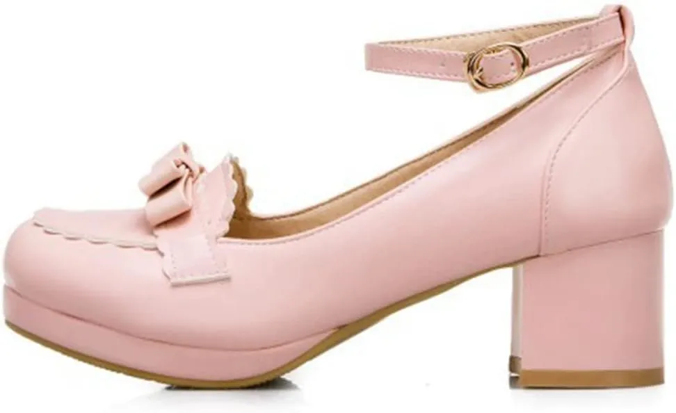 Women's Ankle Strap Chunky Heel Pumps Closed Round Toe Fashion Bow Comfortable Platform Dress Shoes