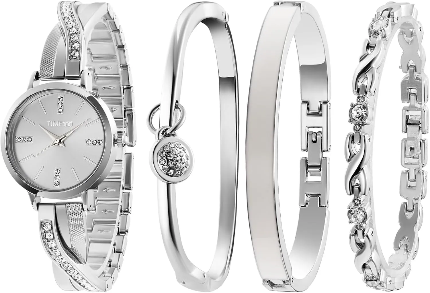 Women's Bangle Watch and Gold Watch Chain Bracelets Premium Crystal Accented Bracelet Set W50888L