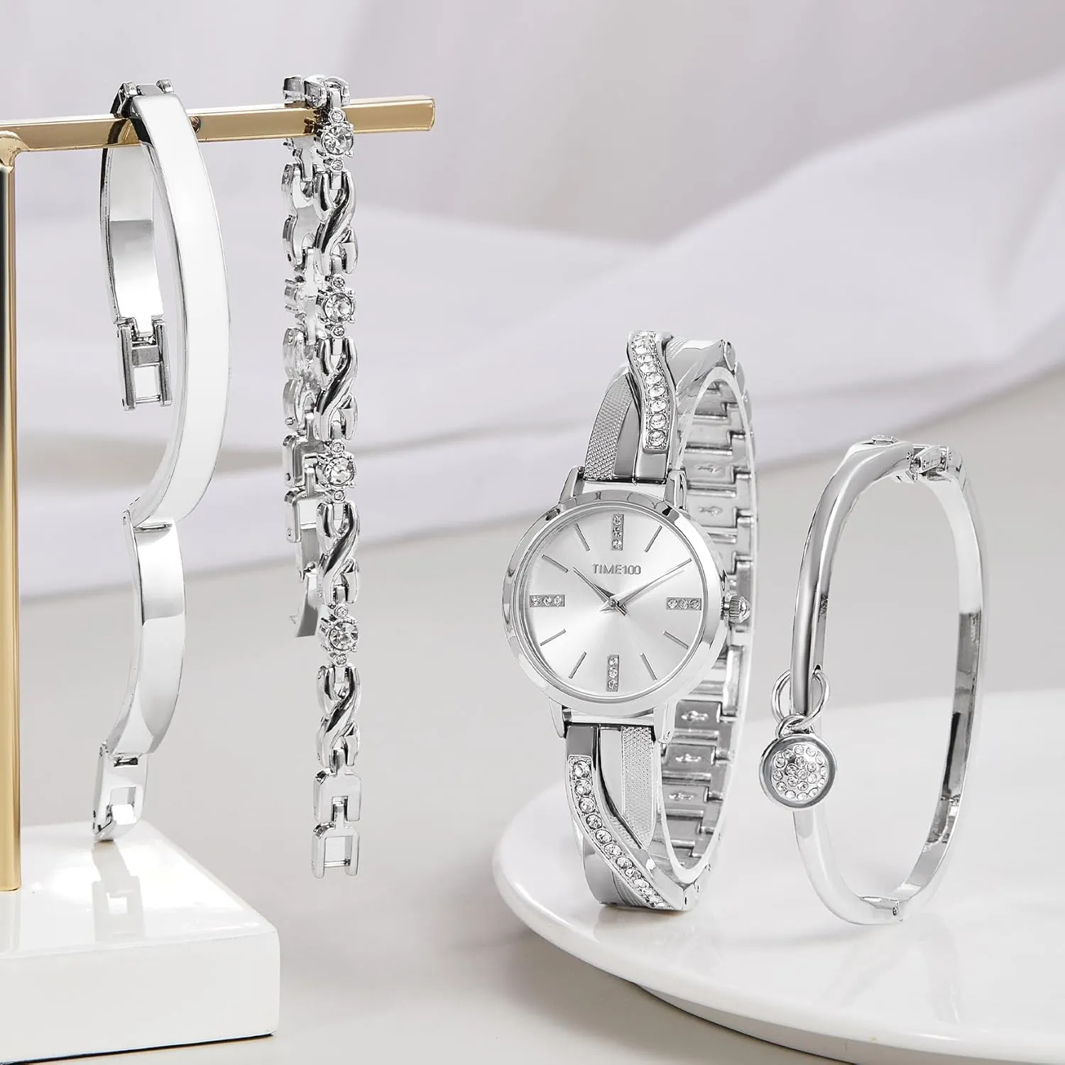 Women's Bangle Watch and Gold Watch Chain Bracelets Premium Crystal Accented Bracelet Set W50888L