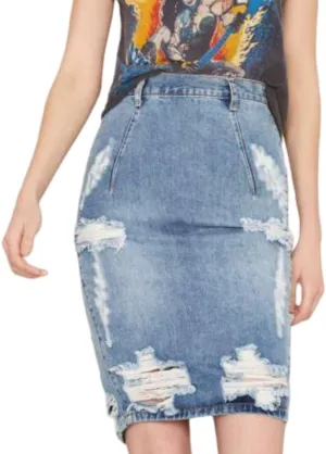 Women's Bodycon High Waist Mid Length Front Split Frayed Raw Hem Ripped Denim Pencil Skirts