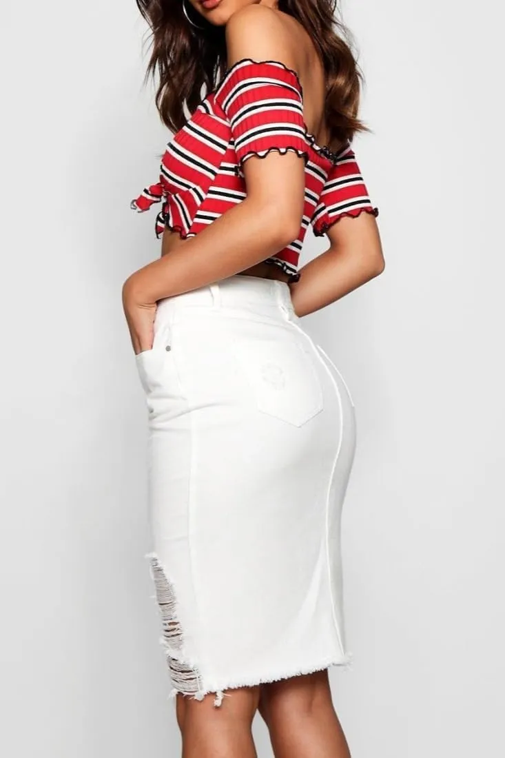 Women's Bodycon High Waist Mid Length Front Split Frayed Raw Hem Ripped Denim Pencil Skirts