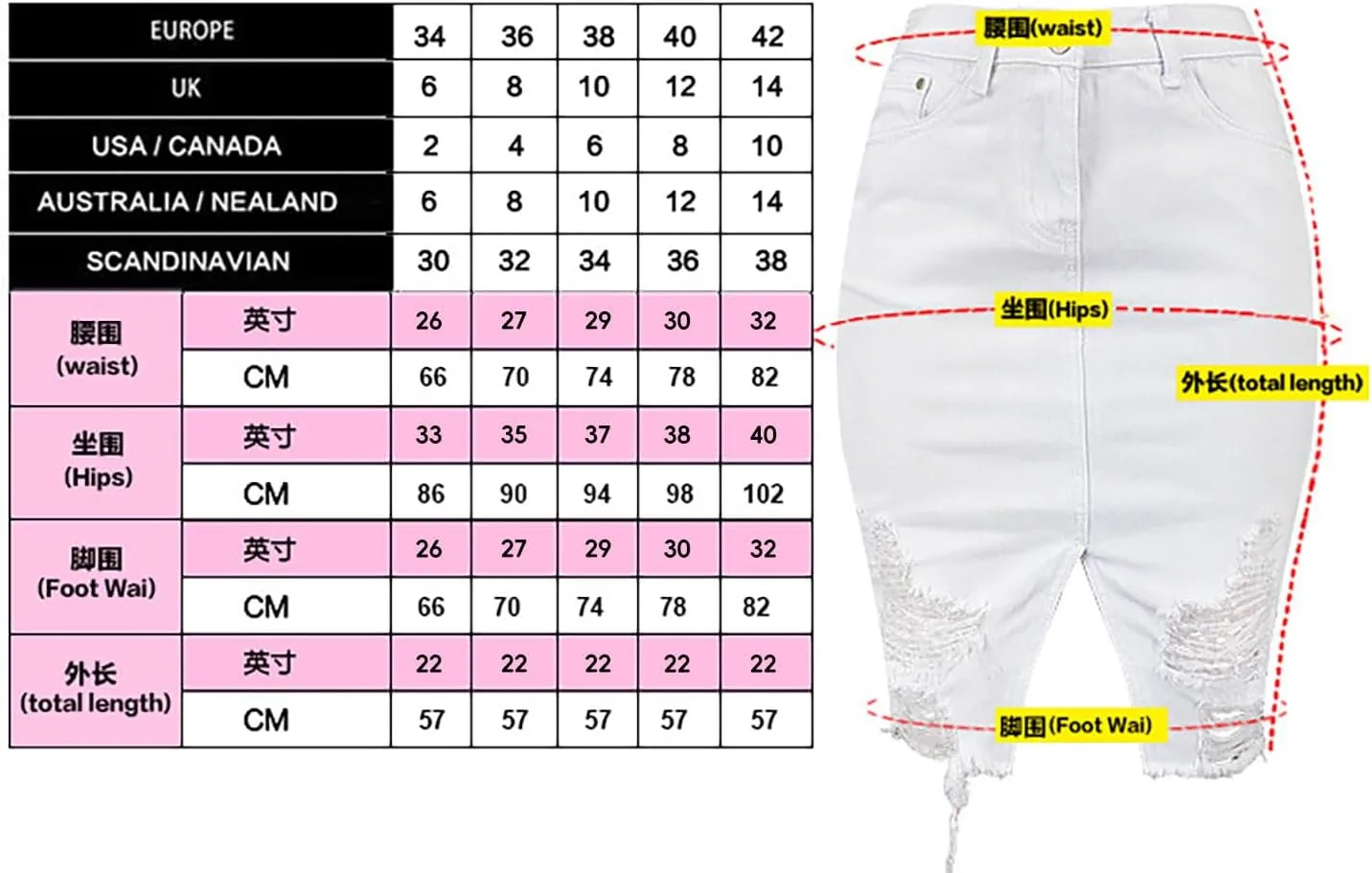 Women's Bodycon High Waist Mid Length Front Split Frayed Raw Hem Ripped Denim Pencil Skirts