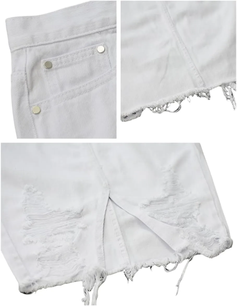 Women's Bodycon High Waist Mid Length Front Split Frayed Raw Hem Ripped Denim Pencil Skirts