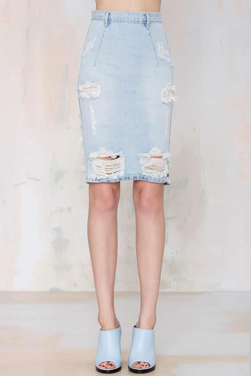 Women's Bodycon High Waist Mid Length Front Split Frayed Raw Hem Ripped Denim Pencil Skirts