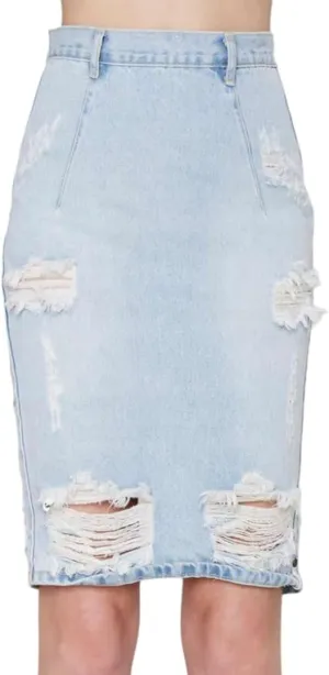 Women's Bodycon High Waist Mid Length Front Split Frayed Raw Hem Ripped Denim Pencil Skirts