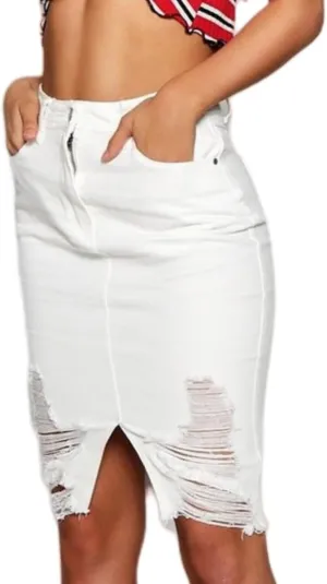 Women's Bodycon High Waist Mid Length Front Split Frayed Raw Hem Ripped Denim Pencil Skirts