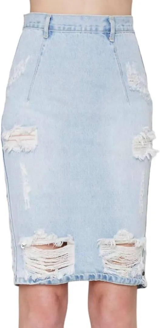 Women's Bodycon High Waist Mid Length Front Split Frayed Raw Hem Ripped Denim Pencil Skirts