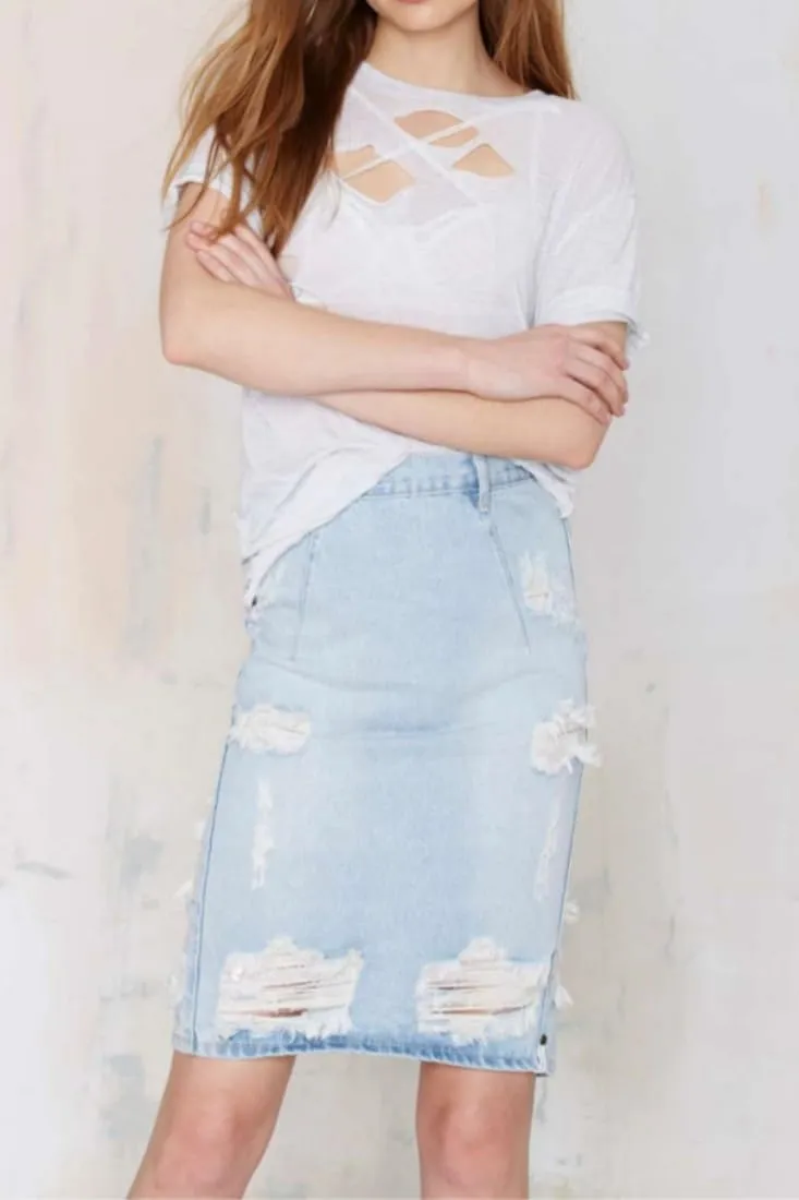 Women's Bodycon High Waist Mid Length Front Split Frayed Raw Hem Ripped Denim Pencil Skirts