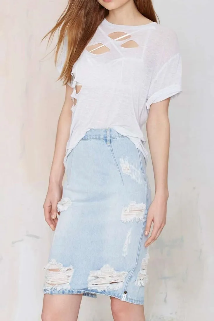 Women's Bodycon High Waist Mid Length Front Split Frayed Raw Hem Ripped Denim Pencil Skirts