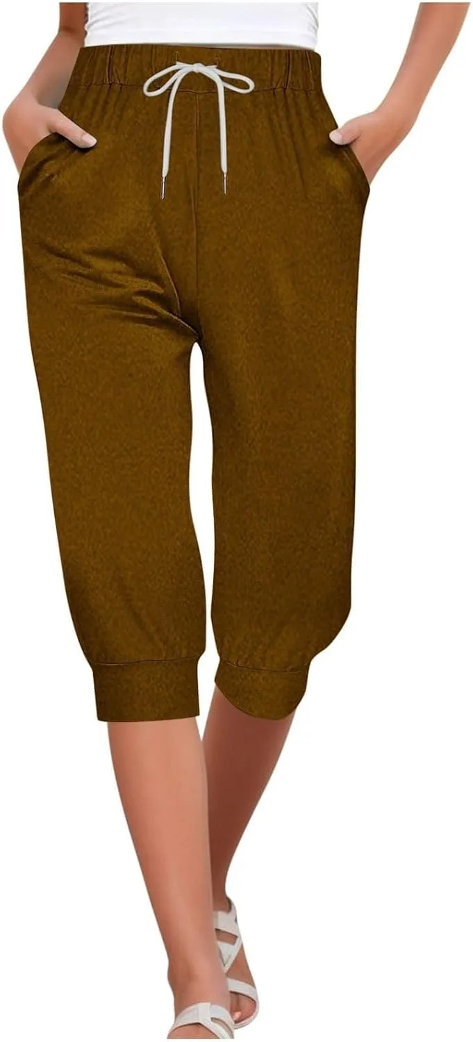 Women's Capri Pants High Waist Drawstring Loose Casual Joggers Summer Lightweight Workout Cropped Pants with Pockets