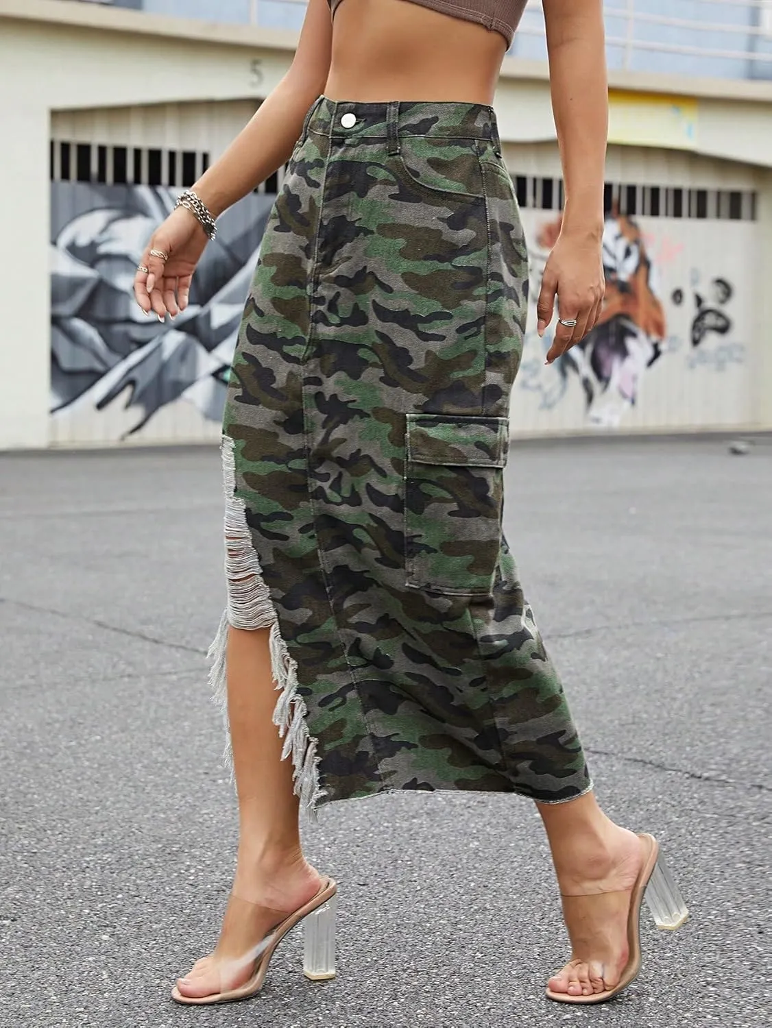Womens Casual High Waisted Denim Midi Skirt Slit Frayed Raw Hem Cargo Jean Skirts with Pockets