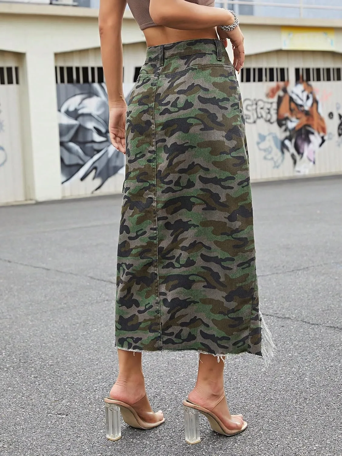 Womens Casual High Waisted Denim Midi Skirt Slit Frayed Raw Hem Cargo Jean Skirts with Pockets