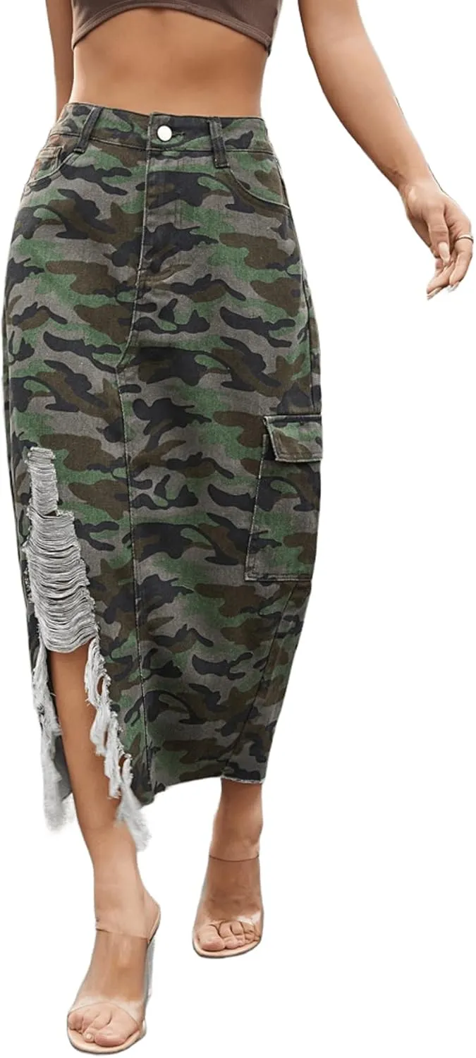 Womens Casual High Waisted Denim Midi Skirt Slit Frayed Raw Hem Cargo Jean Skirts with Pockets