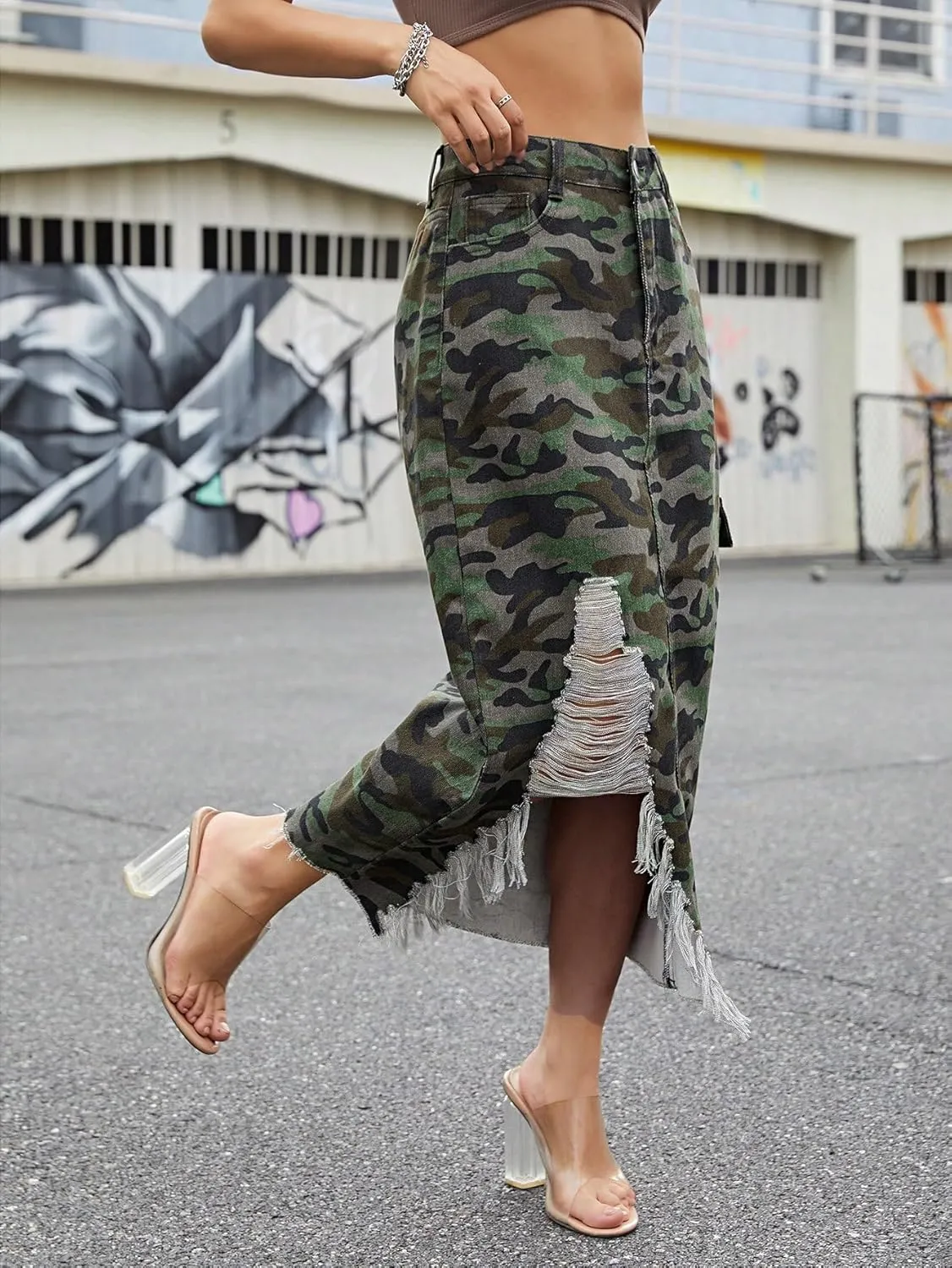 Womens Casual High Waisted Denim Midi Skirt Slit Frayed Raw Hem Cargo Jean Skirts with Pockets
