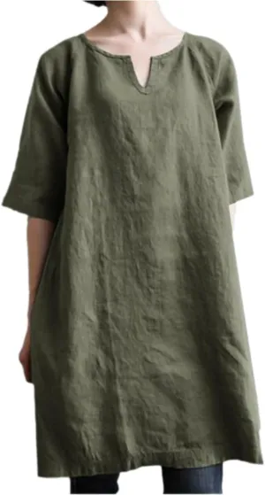 Womens Casual Summer T Shirt Dress Short Sleeve V Neck Linen Dresses Solid A-line Midi Boho Beach Dress