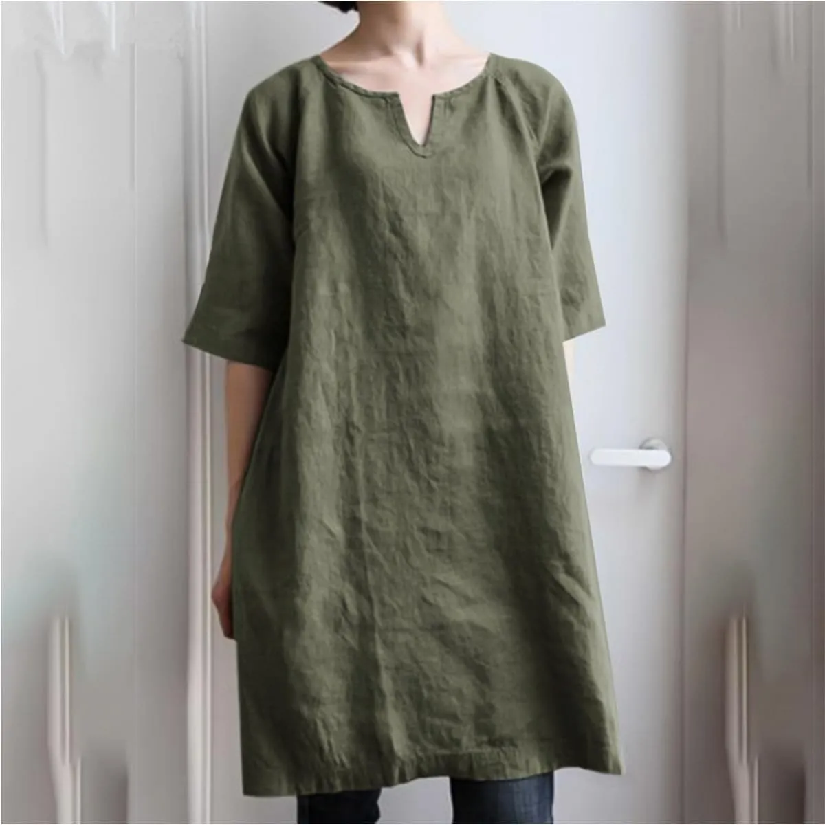 Womens Casual Summer T Shirt Dress Short Sleeve V Neck Linen Dresses Solid A-line Midi Boho Beach Dress
