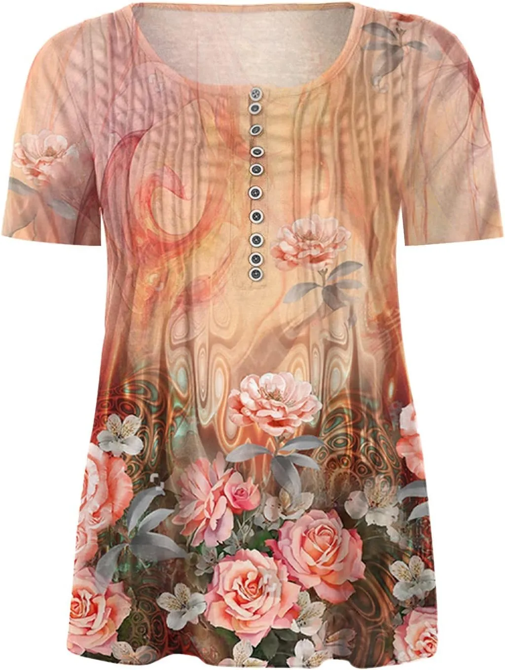Womens Casual Summer Tunic Shirts Button v Neck Floral Print t-Shirt Empire Waist Fashion Tops Blouses