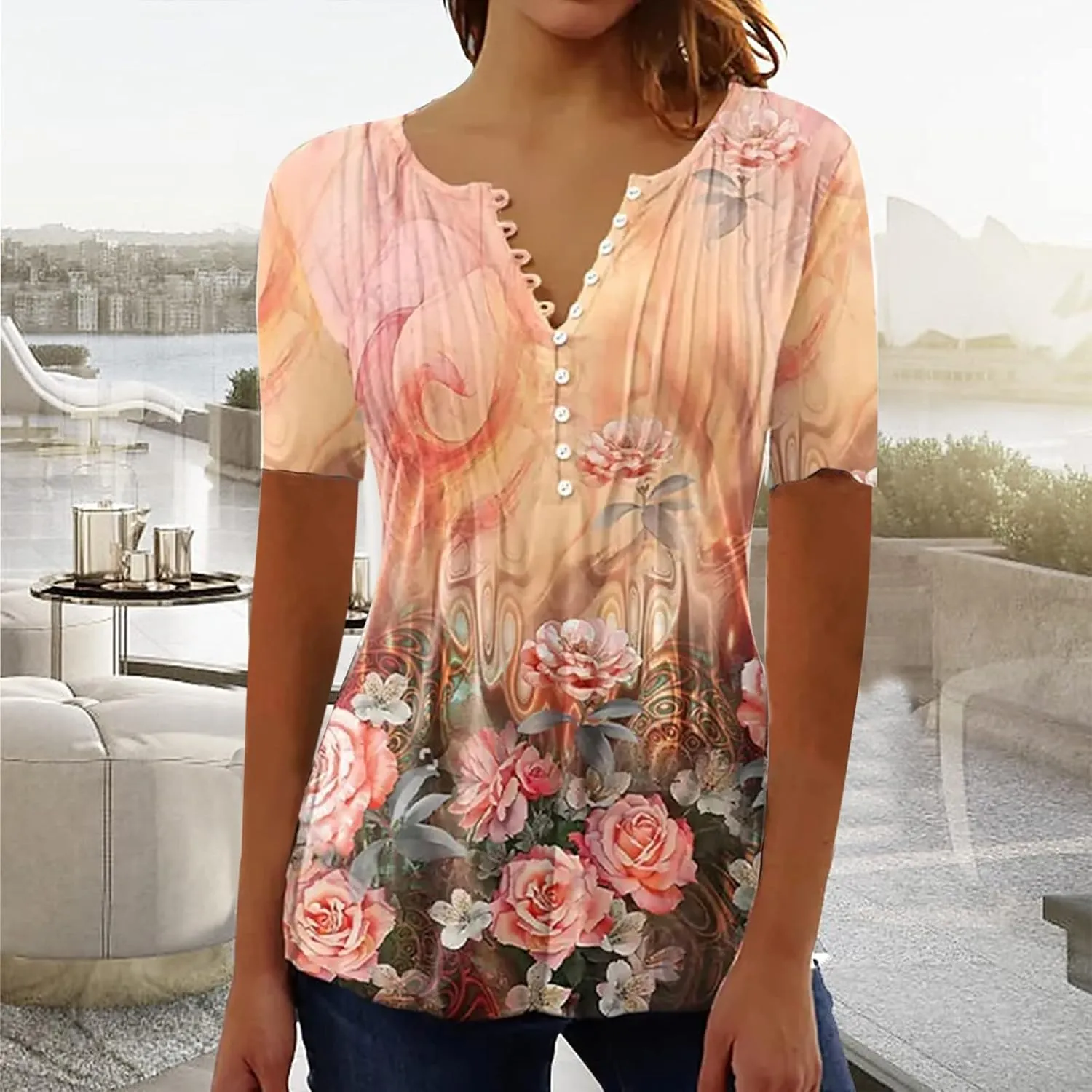Womens Casual Summer Tunic Shirts Button v Neck Floral Print t-Shirt Empire Waist Fashion Tops Blouses