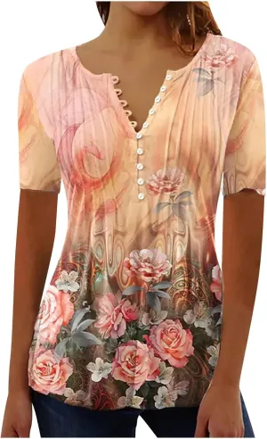 Womens Casual Summer Tunic Shirts Button v Neck Floral Print t-Shirt Empire Waist Fashion Tops Blouses