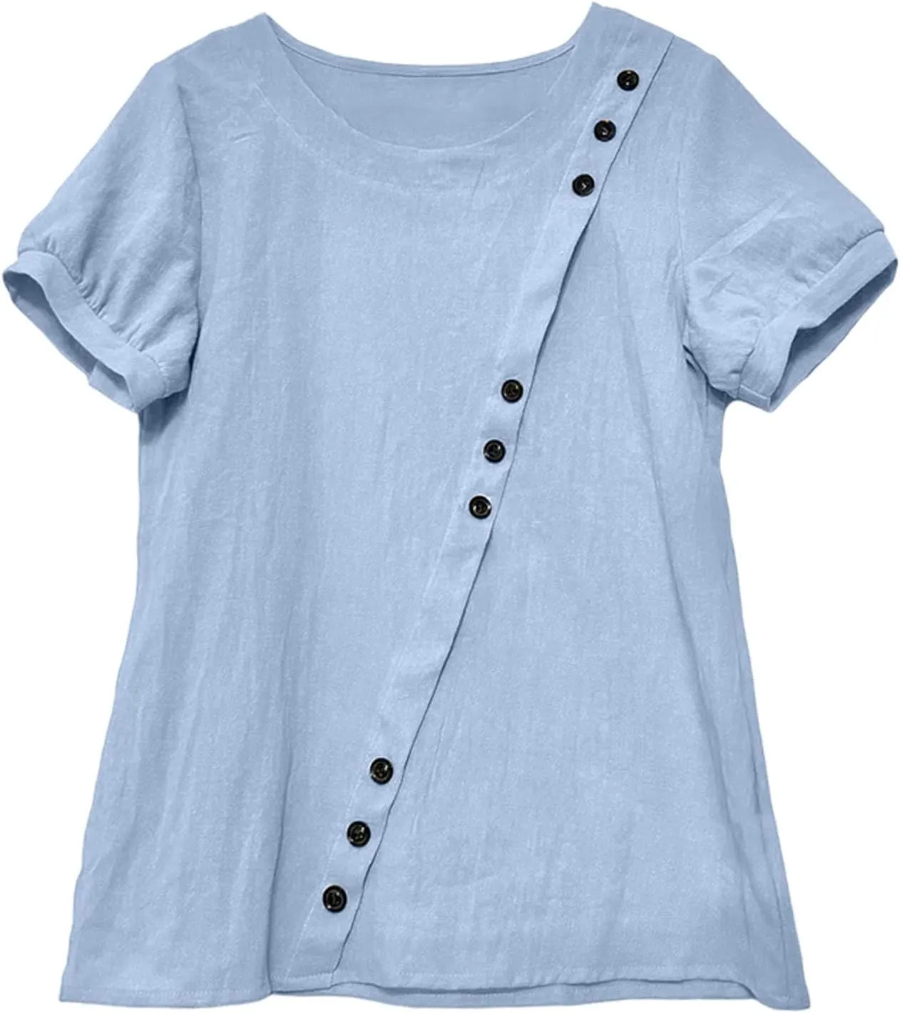 Women's Cotton Linen Boho Shirts Floral Summer Short Sleeve Top Lapel Button Neck Dressy Casual Loose Comfy Blouses