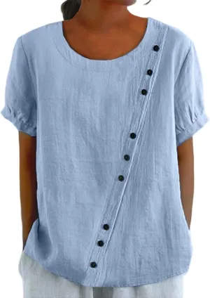Women's Cotton Linen Boho Shirts Floral Summer Short Sleeve Top Lapel Button Neck Dressy Casual Loose Comfy Blouses