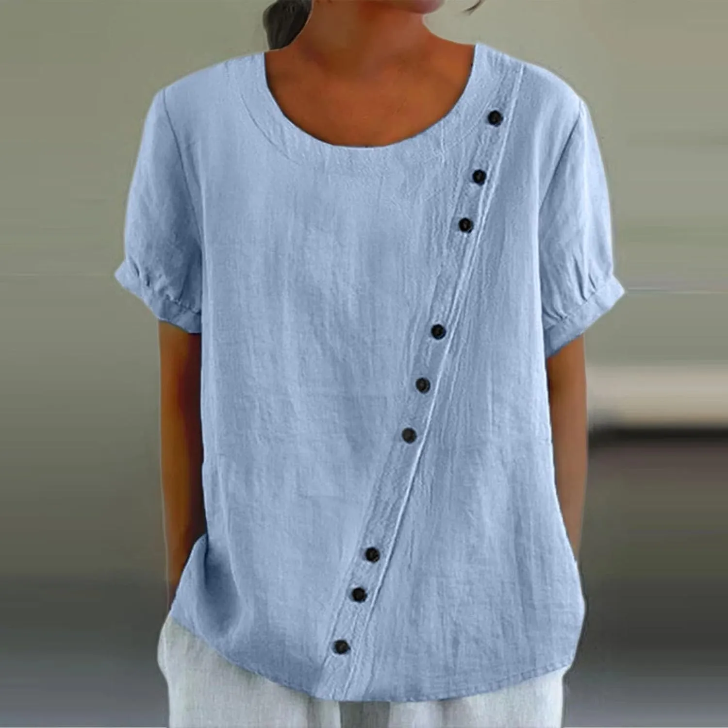 Women's Cotton Linen Boho Shirts Floral Summer Short Sleeve Top Lapel Button Neck Dressy Casual Loose Comfy Blouses