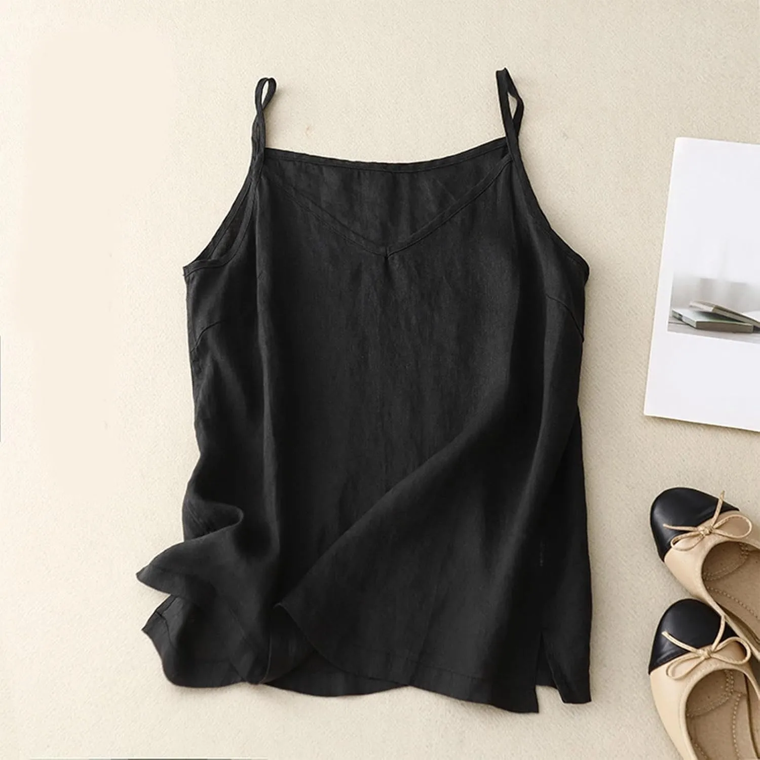Womens Cotton Linen Camisole Tank Tops Casual V-Neck Sleeveless Crop Top Summer Loose Fit Spaghetti Strap Cami Shirts