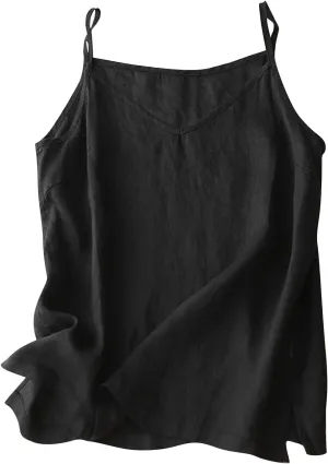 Womens Cotton Linen Camisole Tank Tops Casual V-Neck Sleeveless Crop Top Summer Loose Fit Spaghetti Strap Cami Shirts