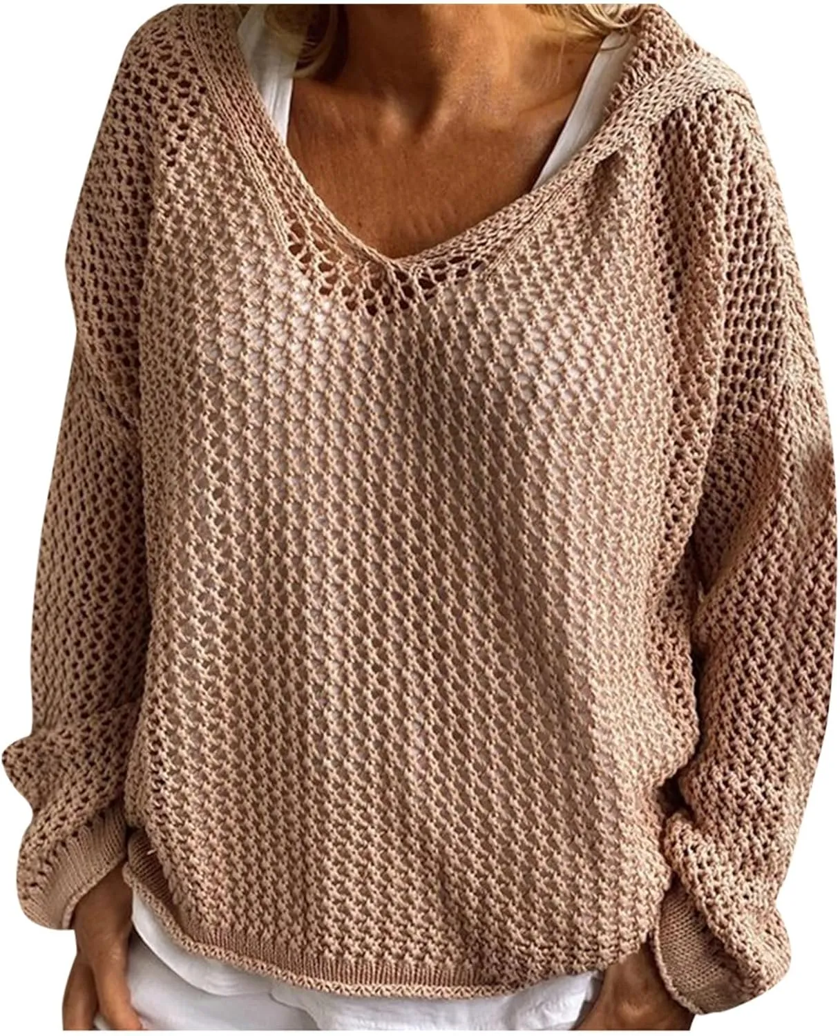Womens Crochet Hoodie Sweater Top Loose Hooded Long Sleeve Shirt Spring Summer Beach Cover Up Hollow Knit Bathing Suit