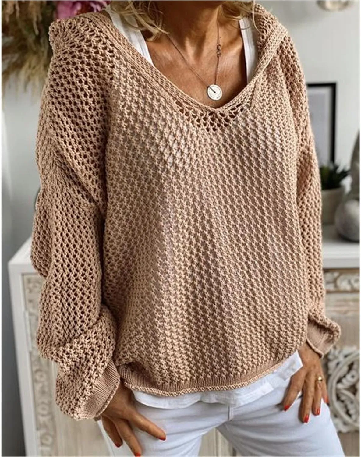 Womens Crochet Hoodie Sweater Top Loose Hooded Long Sleeve Shirt Spring Summer Beach Cover Up Hollow Knit Bathing Suit