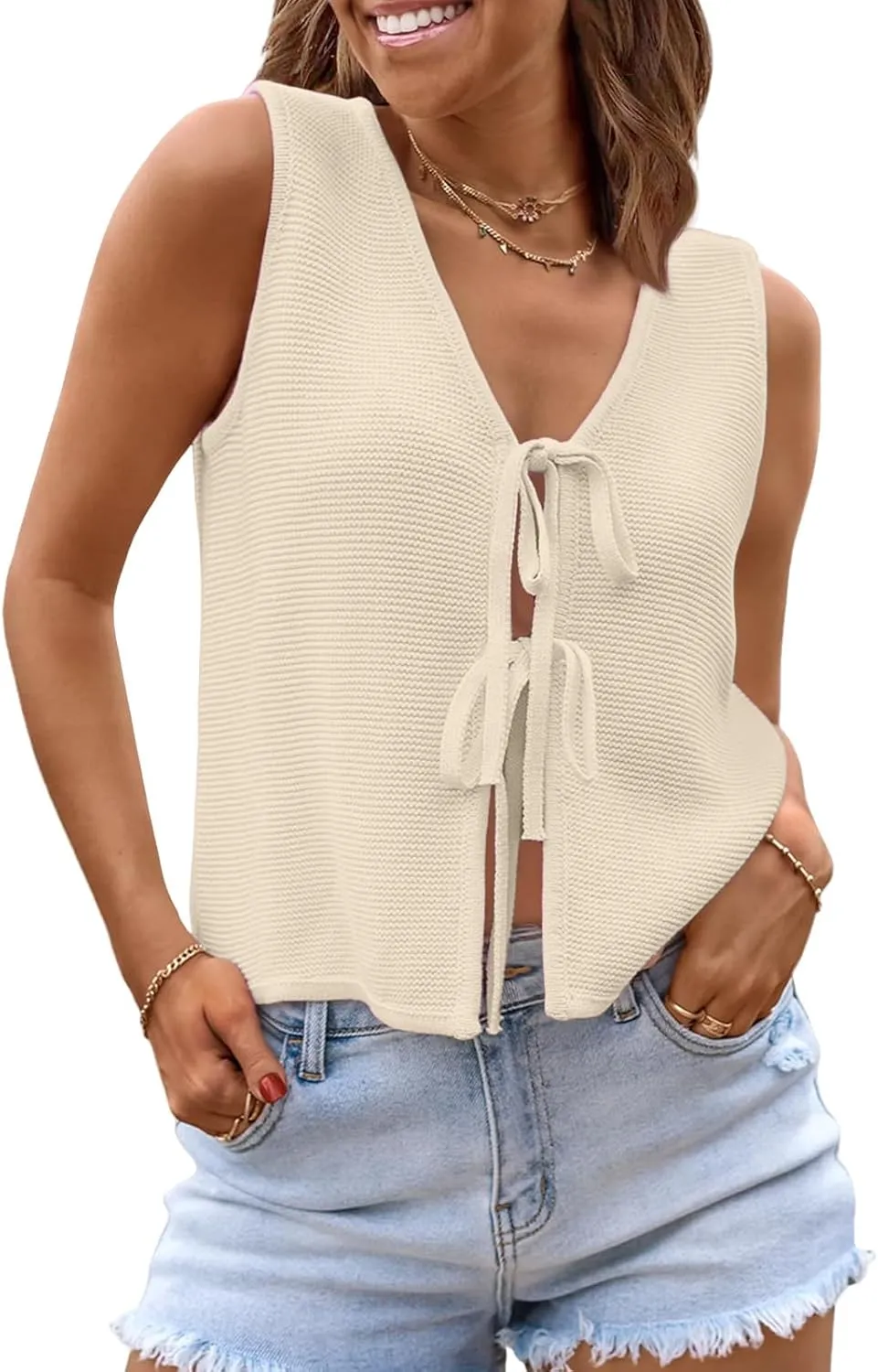 Womens Crochet Tops Summer Sleeveless Tie Front Sweater Vest Cute Casual Vacation Beach Outfits Spring Fashion Clothes