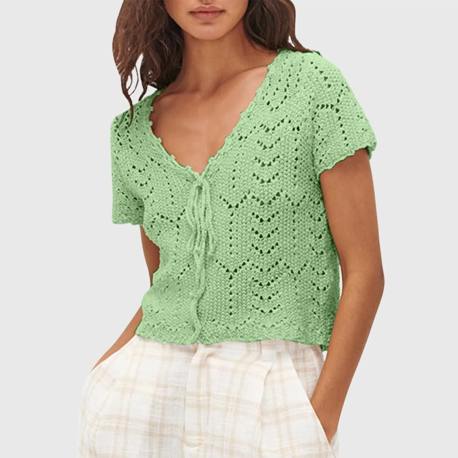 Womens Cropped Crochet Sweaters Summer V Neck Tie Front Cardigan Short Sleeve Hollow Loose Fit Athletic Tops for