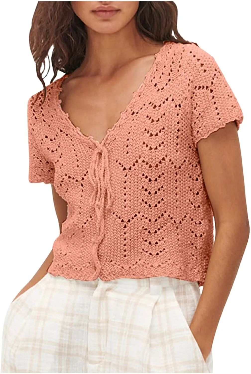 Womens Cropped Crochet Sweaters Summer V Neck Tie Front Cardigan Short Sleeve Hollow Loose Fit Athletic Tops for