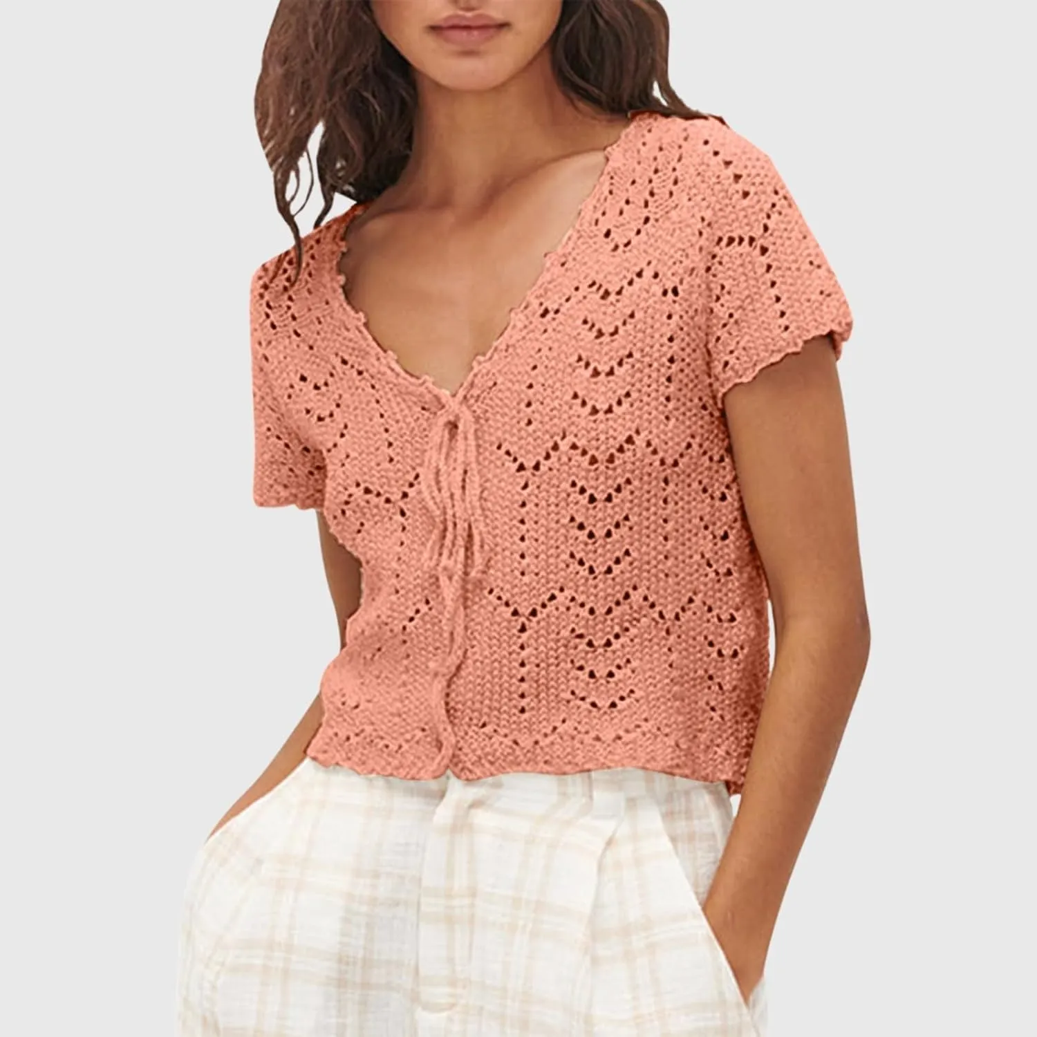 Womens Cropped Crochet Sweaters Summer V Neck Tie Front Cardigan Short Sleeve Hollow Loose Fit Athletic Tops for