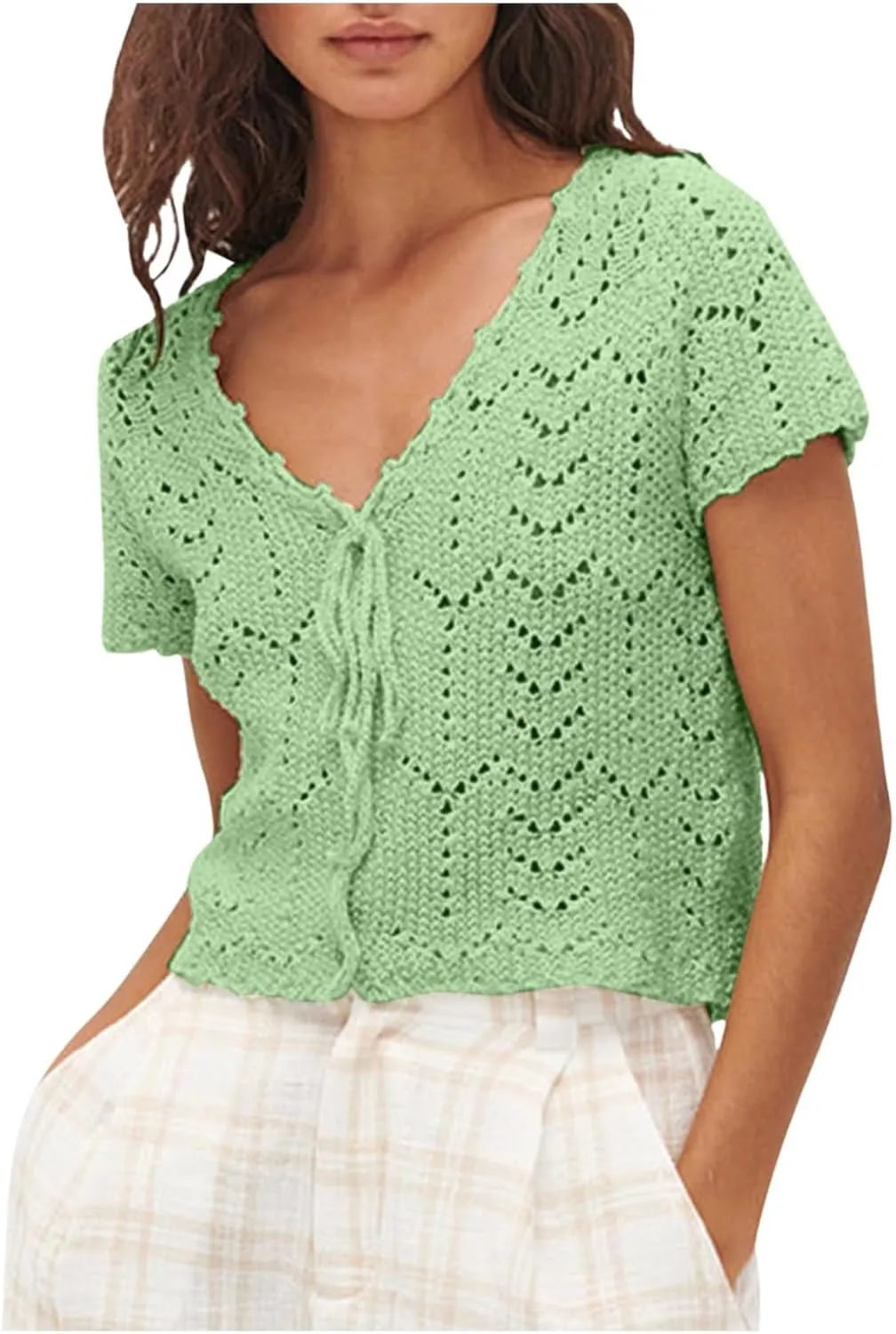 Womens Cropped Crochet Sweaters Summer V Neck Tie Front Cardigan Short Sleeve Hollow Loose Fit Athletic Tops for