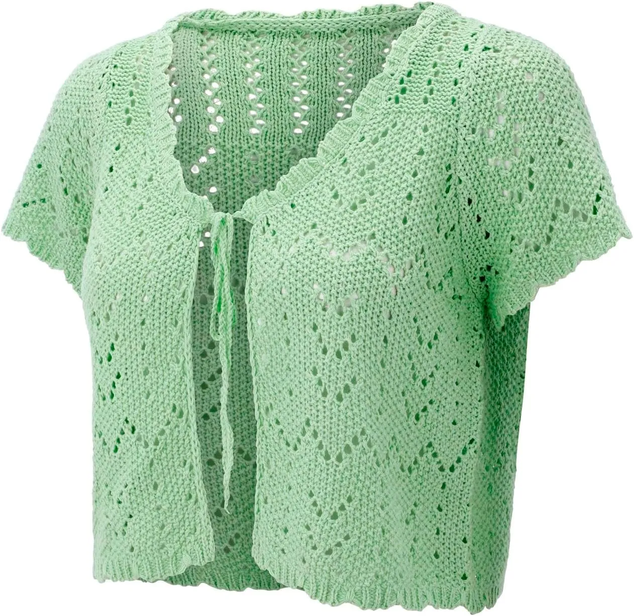Womens Cropped Crochet Sweaters Summer V Neck Tie Front Cardigan Short Sleeve Hollow Loose Fit Athletic Tops for