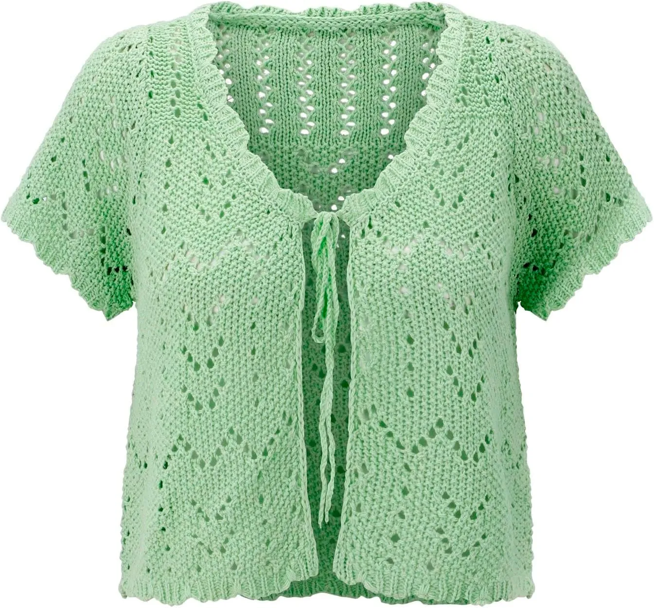 Womens Cropped Crochet Sweaters Summer V Neck Tie Front Cardigan Short Sleeve Hollow Loose Fit Athletic Tops for