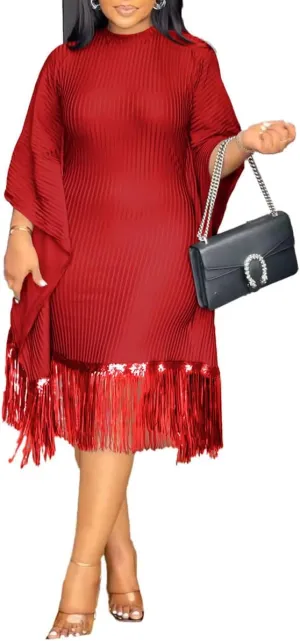 Womens Dresses Casual Midi Lenght Fringe Dress Plus Size Sequins Batwing Sleeve Tassel Hem Wrap Dresses Red L