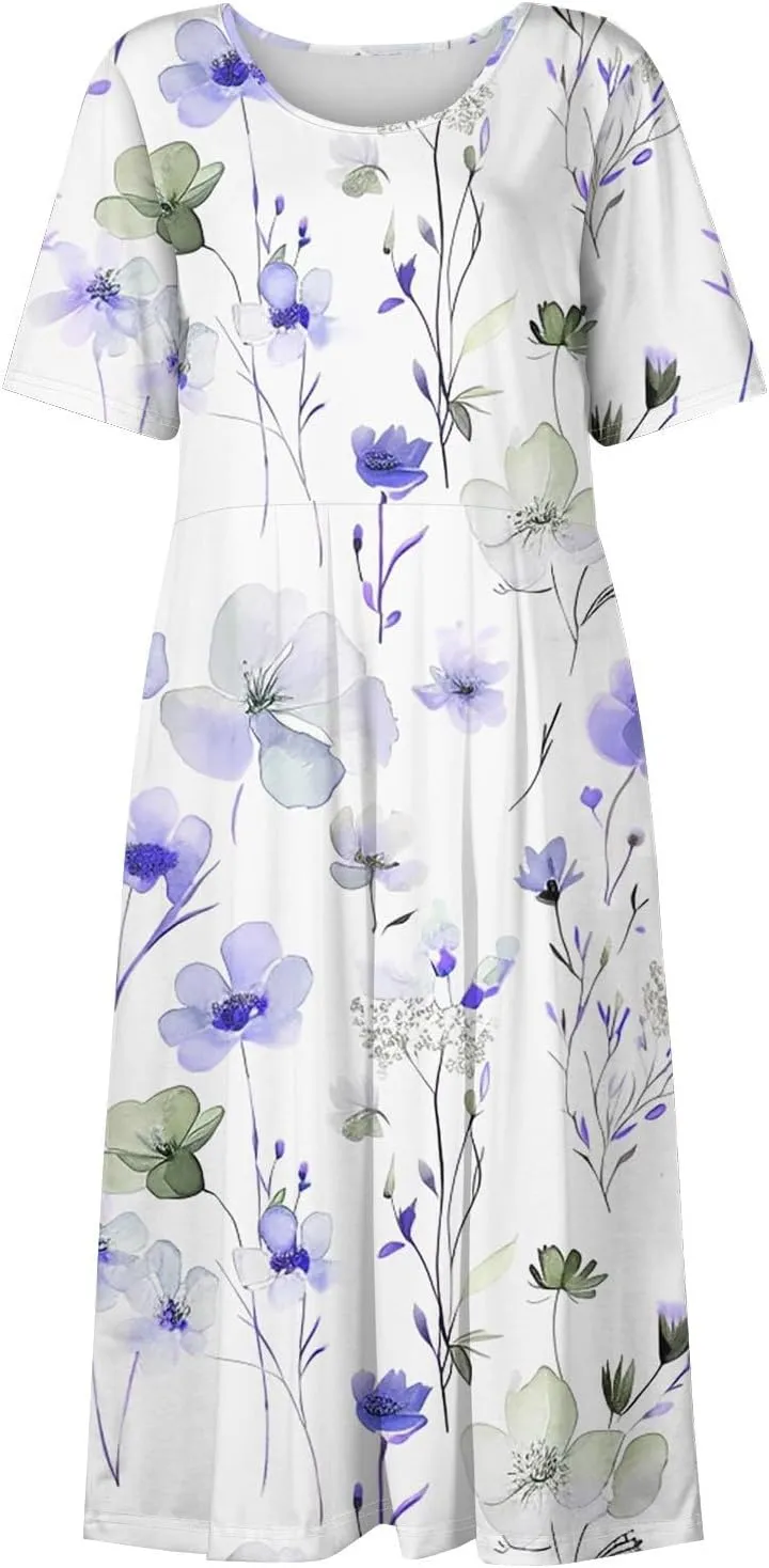 Womens Dresses Summer Short Sleeve Boho Floral Print Midi Dress Loose Casual Fashion Beach Sundresses