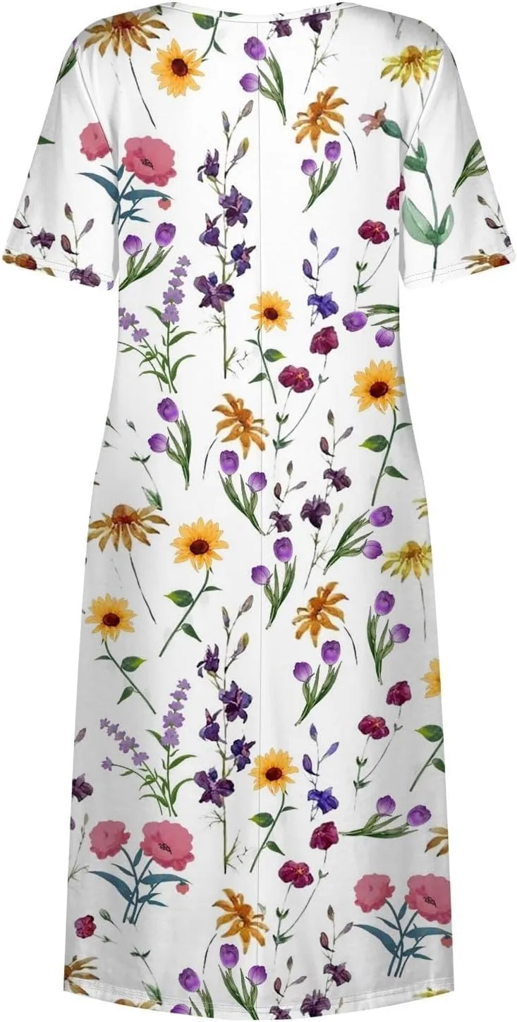 Womens Dresses Summer Short Sleeve Boho Floral Print Midi Dress Loose Casual Fashion Beach Sundresses