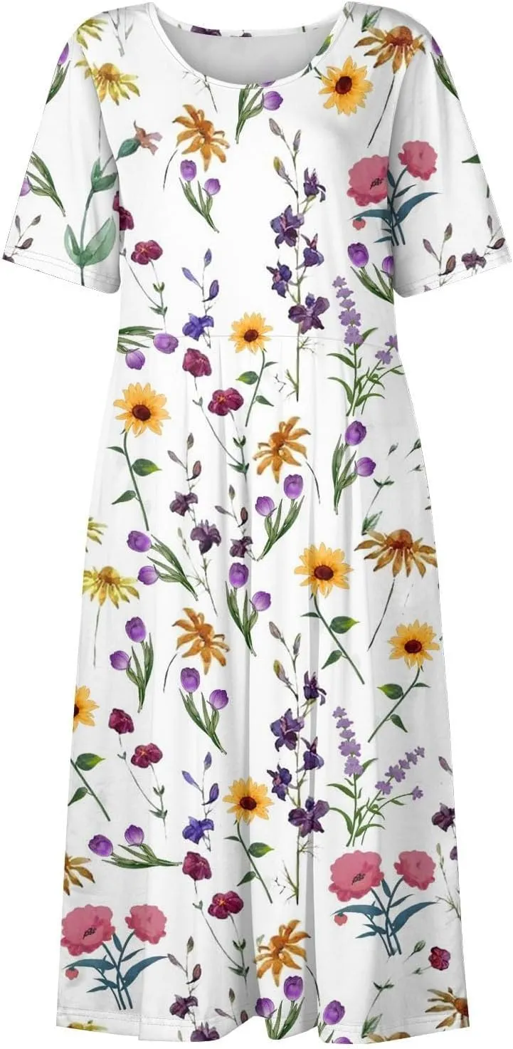 Womens Dresses Summer Short Sleeve Boho Floral Print Midi Dress Loose Casual Fashion Beach Sundresses