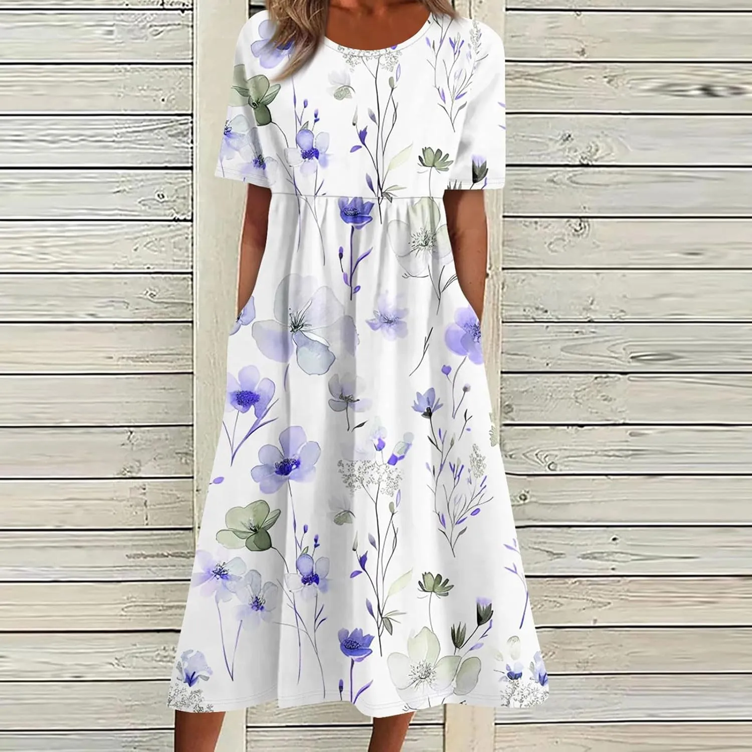 Womens Dresses Summer Short Sleeve Boho Floral Print Midi Dress Loose Casual Fashion Beach Sundresses