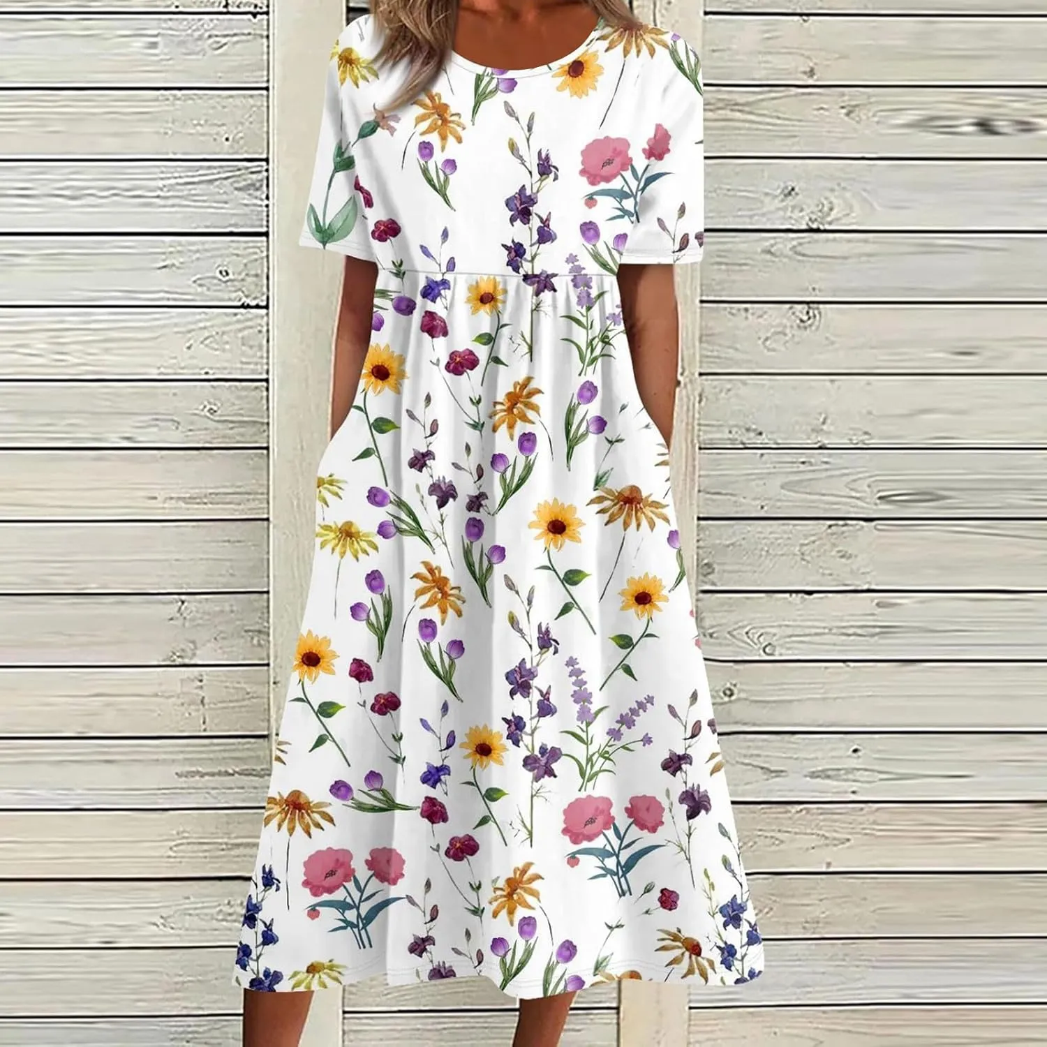 Womens Dresses Summer Short Sleeve Boho Floral Print Midi Dress Loose Casual Fashion Beach Sundresses