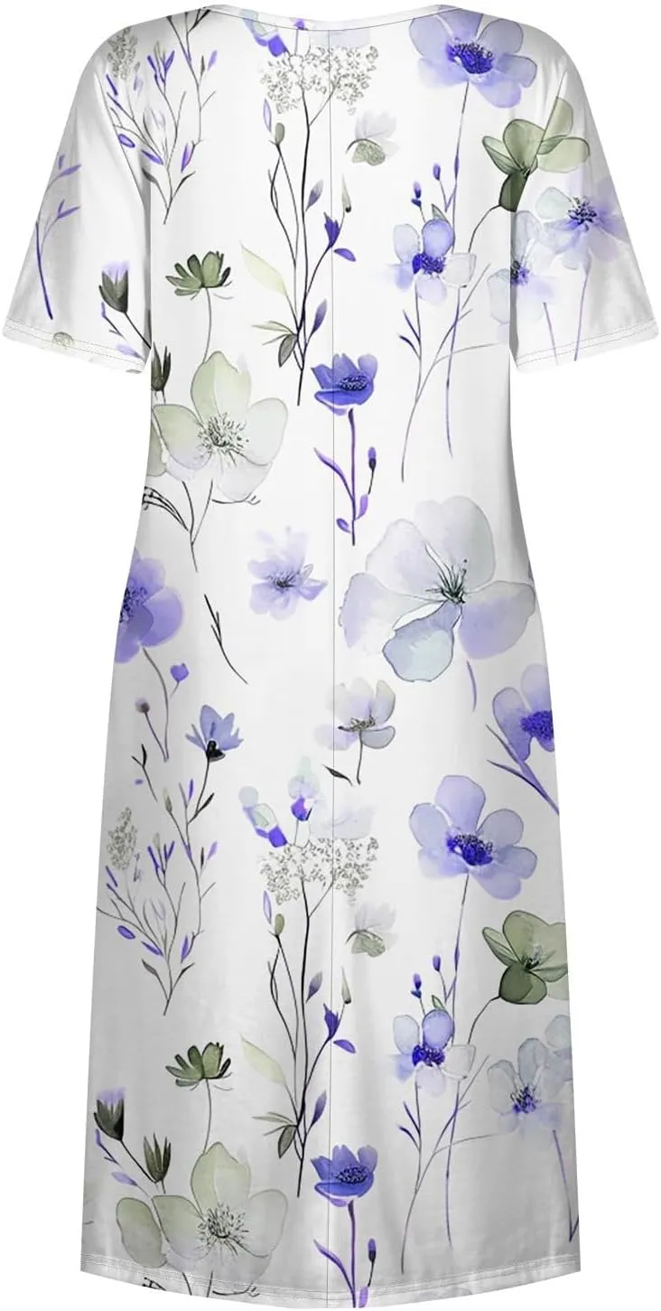 Womens Dresses Summer Short Sleeve Boho Floral Print Midi Dress Loose Casual Fashion Beach Sundresses