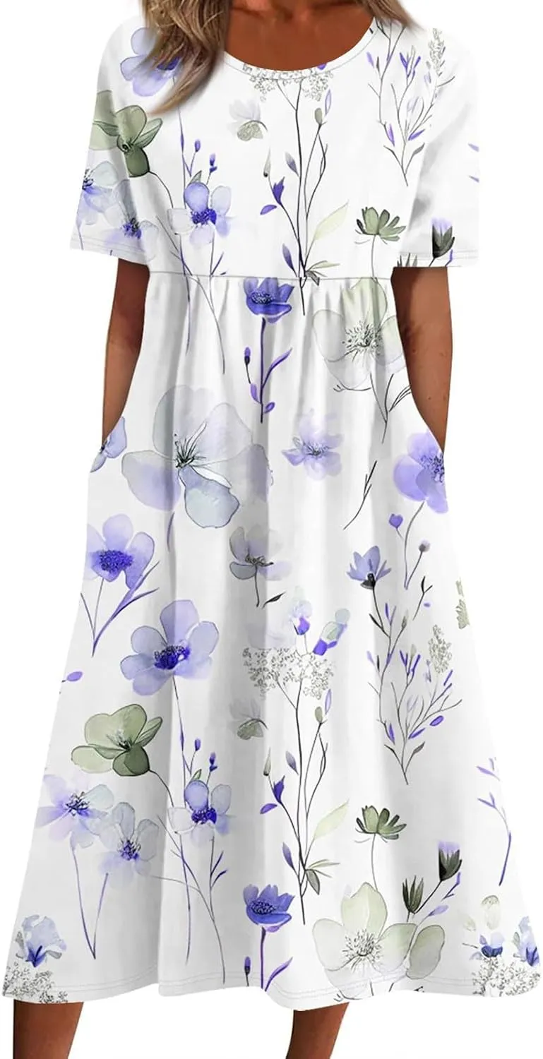 Womens Dresses Summer Short Sleeve Boho Floral Print Midi Dress Loose Casual Fashion Beach Sundresses