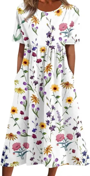 Womens Dresses Summer Short Sleeve Boho Floral Print Midi Dress Loose Casual Fashion Beach Sundresses