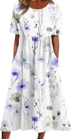 Womens Dresses Summer Short Sleeve Boho Floral Print Midi Dress Loose Casual Fashion Beach Sundresses