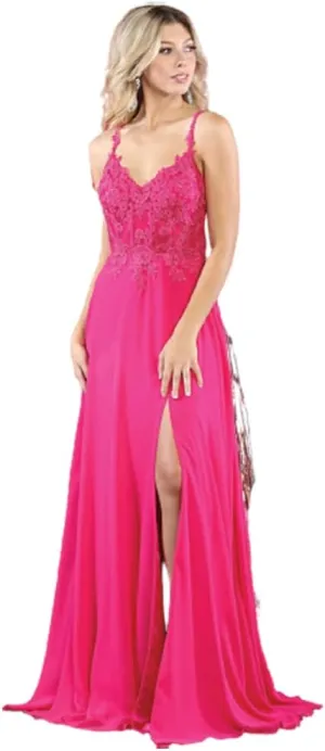 Women's Embroidered V-Neck Corset A-Line Chiffon High Slit Evening Dress