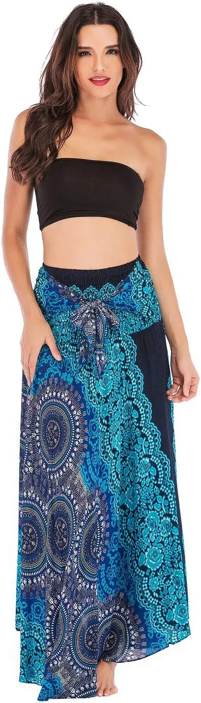 Women's Flowing Bohemian Dress High Waist A-Line Long Skirt Original Two Layer Printed Wrap Around Skirts