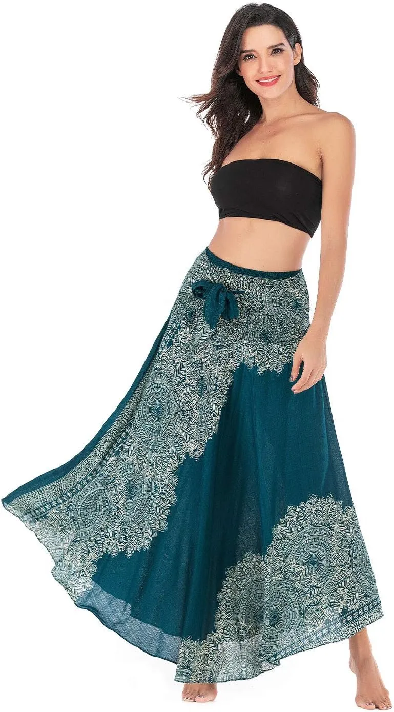 Women's Flowing Bohemian Dress High Waist A-Line Long Skirt Original Two Layer Printed Wrap Around Skirts